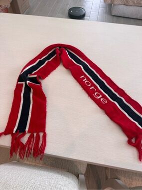 Red Norge Scarf with Navy & White Stripes